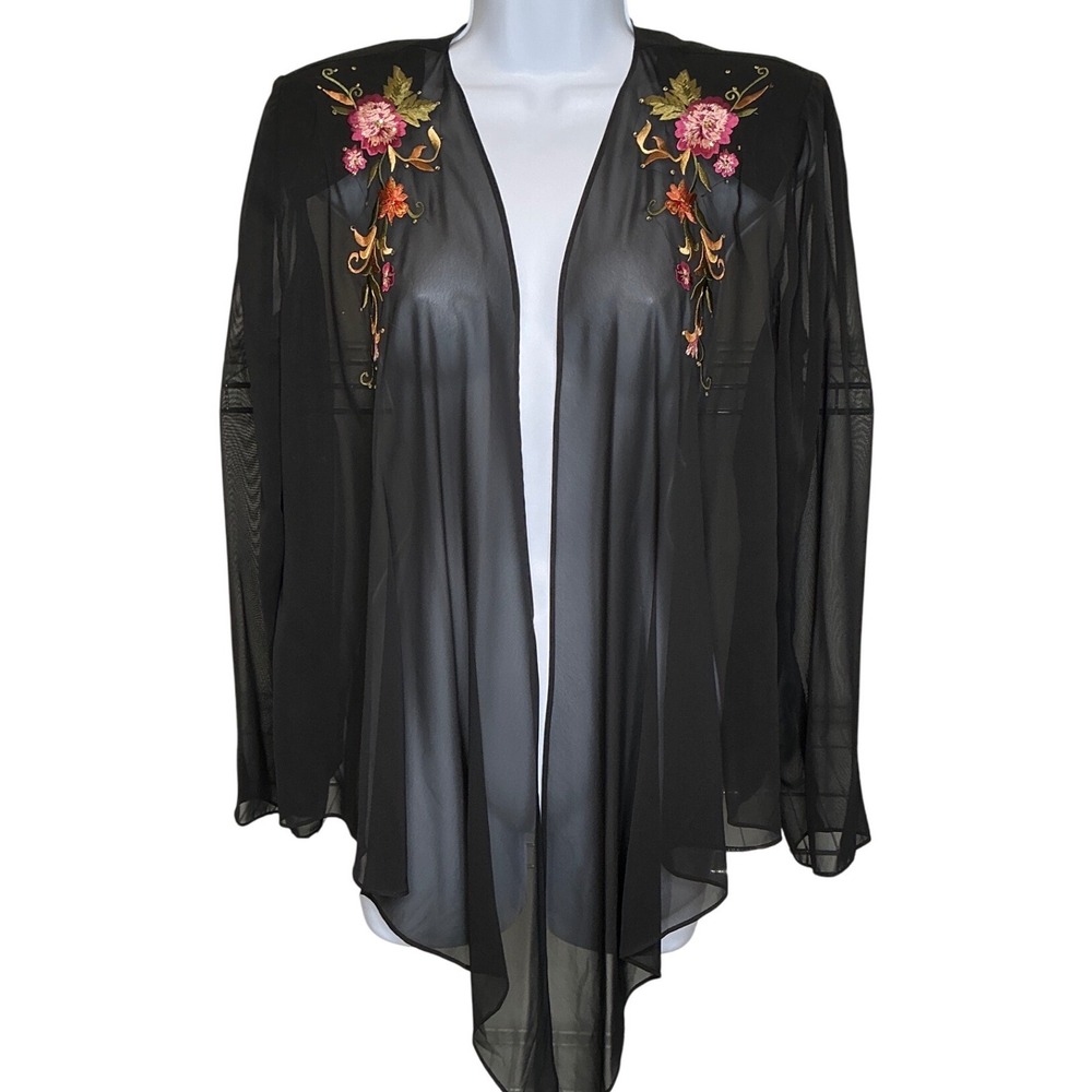 SL Fashions Black Sheer Embroidered Floral Kimono Cardigan‎ Sz 12 Flowy Dressy